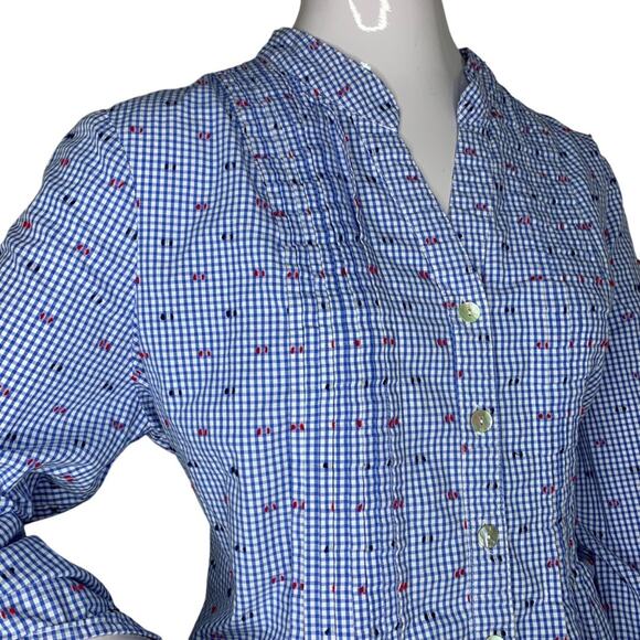 Ruby Rd. Button Down Shirt Petite Large Blue White Checkered Roll Tab Sleeves - Picture 5 of 13
